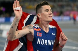 Champion: Norway's Jakob Ingebrigtsen celebrates winning the men's 1500m final 