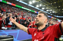 Nedim Bajrami celebrates after putting Albania ahead against Italy with the fastest ever goal at the Euros