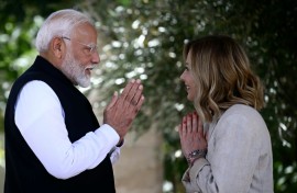 Indian Prime Minister Narendra Modi is welcomed by Italy's Prime Minister Giorgia Meloni on June 14