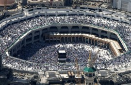 An aerial view of Mecca's Grand Mosque with the Kaaba during the annual hajj pilgrimage