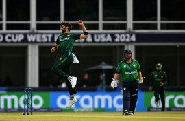 Pakistan's Shaheen Afridi celebrates after he bowls Ireland's Andy Balbirnie during Sunday's T20 World Cup game at Lauderhill