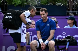 Andy Murray (R) was forced to retire against Jordan Thompson at Queen's after a medical time-out