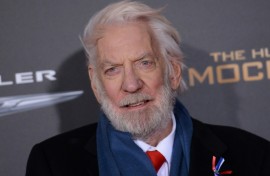 Canadian actor Donald Sutherland attends the premiere of 'The Hunger Games: Mockingjay - Part 2' at the Microsoft theatre in Los Angeles on November 16, 2015