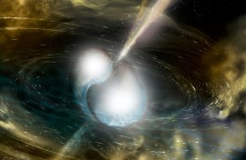 An artist's illustration of two neutron stars merging, creating a gamma-ray burst