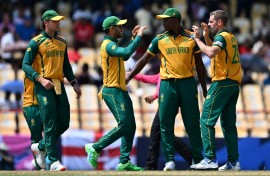 Joy of victory: South Africa celebrate their Super Eights win over England in a T20 World Cup match in St. Lucia 
