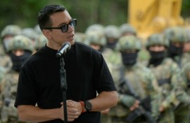 Ecuador's President Daniel Noboa speaks during the launch of construction of a maximum security prison for 800 prisoners in the coastal town of Santa Elena