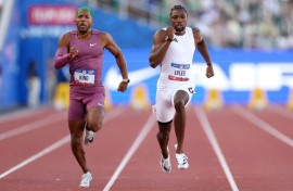 Reigning world champion Noah Lyles, right, won his preliminary heat over Kyree King, left, and other rivals at the US Olympic athletics trials to qualify for Sunday's semi-finals in Eugene, Oregon
