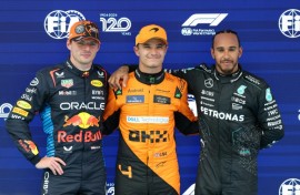 (From L) Red Bull's Max Verstappen, McLaren’s Lando Norris and Mercedes' Lewis Hamilton on the podium at the Spanish Grand Prix