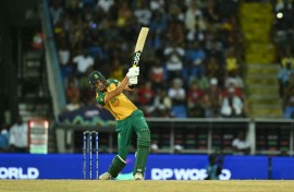 South Africa's Marco Jansen hits the winning six off the first ball of the final over in Antigua