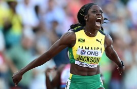 Shericka Jackson won the 200m final at the Jamaican athletics trials to qualify for a chance at a 100-200 sprint double at the Paris Olympics