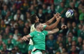 South Africa lock Eben Etzebeth (L) and Ireland flanker Peter O'Mahony contest a line-out during a 2023 Rugby World Cup pool match in Paris