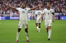 Jude Bellingham celebrates his equaliser against Slovakia which kept England in 2024
