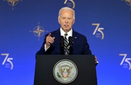 US President Joe Biden speaks during the NATO 75th Anniversary Celebratory Event at the Mellon Auditorium in Washington, DC, on July 9, 2024.