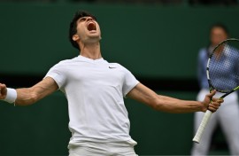 Spain's Carlos Alcaraz celebrates reaching the Wimbledon final