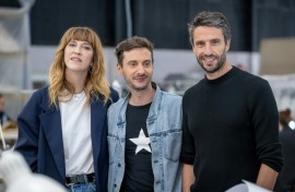 Opening ceremony diretcor Thomas Jolly (C), stands with chief organiser Tony Estanguet (R) and costume director Daphne Burki (L) 