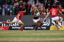 South Africa winger Makazole Mapimpi (C) scored three tries against Portugal in Bloemfontein