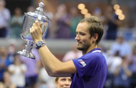 New York triumph: Daniil Medvedev celebrates with the trophy after winning the 2021 US Open 