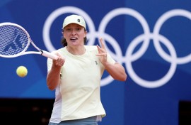 Poland's Iga Swiatek takes part in a training session at Roland-Garros