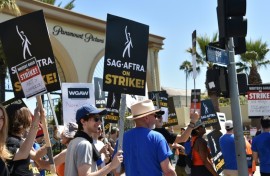 Members of the SAG-AFTRA actors' union demonstrate outside Paramount Studios in Los Angeles on July 14, 2023