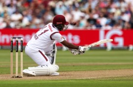 Fine fifty: West Indies captain Kraigg Brathwaite on the attack against England in the third Test at Edgbaston
