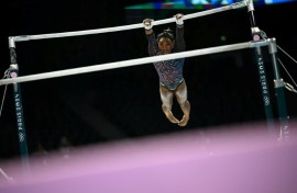 Four-time Olympic gold medallist Simone Biles trains on uneven bars in the run-up to the Paris Games