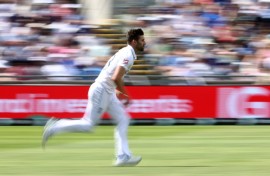 Express quick: England's Mark Wood runs in on his way to taking 5-40 against the West Indies in the third Test at Edgbaston