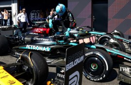 George Russell steps out of his car after taking the chequered flag at the Belgian Grand Prix only to discover later that it was underweight prompting his disqualification 
