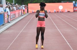 Jamaica's Shericka Jackson reacts after pulling up in a race in Szekesfehervar, Hungary on July 9