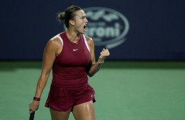 Third-ranked Aryna Sabalenka of Belarus reacts after winning a point in a quarter-final victory over compatriot Victoria Azarenka at the WTA Washington Open