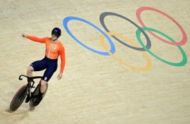 Netherlands' Harrie Lavreysen celebrates after breaking the men's sprint world record