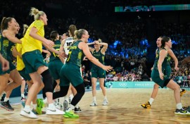 Australia players celebrate after beating Belgium for Olympic basketball bronze