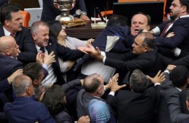 Footage posted online showed the brawl and then staff cleaning blood stains from the parliament floor afterwards