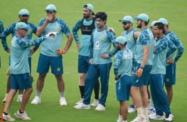 Pakistan's cricketers attend a training session at Rawalpindi Cricket Stadium ahead of the first Test against Bangladesh.