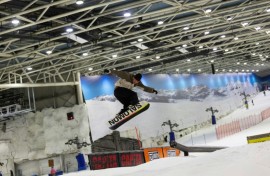 A snowboarder enjoys a run at Xanadu Snozone, the only indoor ski slope in Spain, located in Arroyomolinos near Madrid