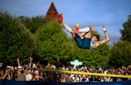 Sweden's Armand Duplantis competes in the men's pole vault city event, part of the Lausanne Diamond League meet