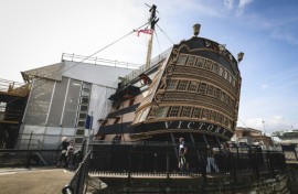 Resoration work has left the central part of HMS victory encased in scaffolding