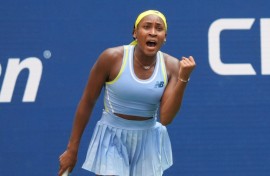 Defending champion Coco Gauff celebrates match point in her US Open first-round win over France's Varvara Gracheva