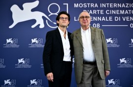 Legendary US documentary director Errol Morris (R) and US journalist Jacob Soboroff before the premiere of "Separated" at the Venice Film Festival