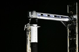 A SpaceX Falcon 9 rocket with the Crew Dragon Resilience capsule sits on Launch Complex 39A at Kennedy Space Center ahead of the Polaris Dawn Mission in Cape Canaveral, Florida, on August 28, 2024