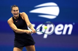 Power-packed: Aryna Sabalenka in action against Emma Navarro in the US Open semi-finals on Thursday