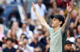 Victory: Jannik Sinner celebrates after defeating Taylor Fritz 