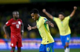 Brazil's forward Rodrygo celebrates his goal in Friday's 2026 World Cup qualifying win over Ecuador