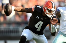 Deshaun Watson of the Cleveland Browns scrambles with the ball in the third quarter of the game against the Dallas Cowboys at Cleveland Browns Stadium on September 08, 2024.
