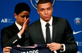 Paris Saint-Germain's CEO Nasser Al-Khelaifi and French forward Kylian Mbappe in happier times