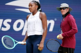 Coach Brad Gilbert, at right watching Coco Gauff during a practice session at the US Open, has split with Gauff, according to statements on social media by both