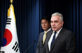 Kurt Campbell, now the US deputy secretary of state, speaks next to senior South Korean official Kim Tae-hyo in Seoul in July 2023