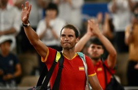 Rafael Nadal (L) and teammate Carlos Alcaraz after their elimination in the doubles at the Paris 2024 Olympics