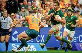 South Africa lock Eben Etzebeth (R) makes a charge against Australia in Brisbane during a 2024 Rugby Championship match.
