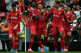 Liverpool forward Darwin Nunez (centre) celebrates after scoring against Bournemouth