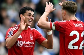 Nottingham Forest's Ramon Sosa celebrates after scoring the equaliser against Brighton